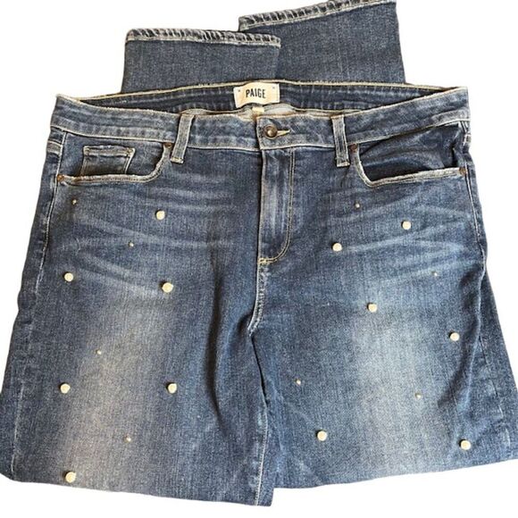 Paige Brigitte Pearl and Stud Embellished Ankle Cropped Jeans Size 32 Bling - Picture 8 of 15